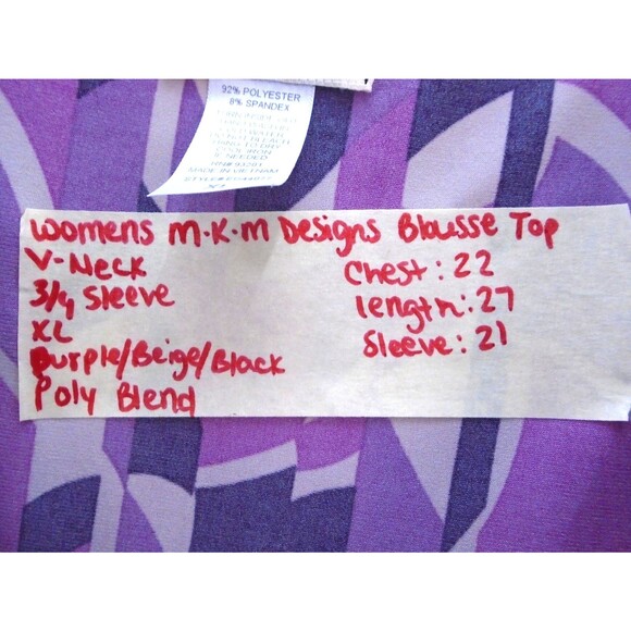 M.K .M Designs Womens Blouse Size XL 3/4 Sleeve V-Neck - Picture 4 of 6